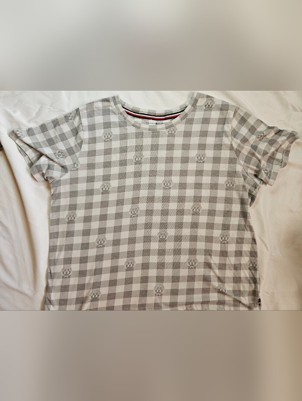 Tommy Hilfiger Womens White And Gray Checkered Short Sleeve Pajama Top Sz Medium